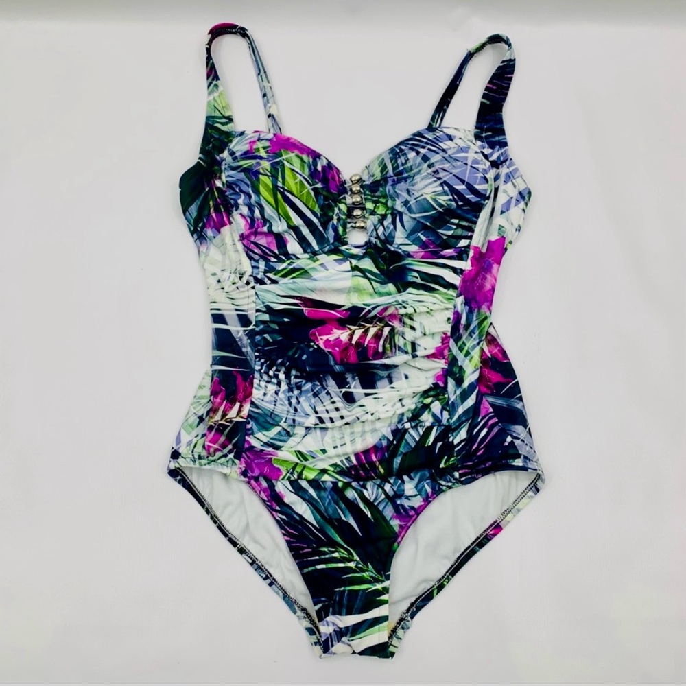 Flattering One PieceTropical Swimsuit with Ruching and Tummy Control